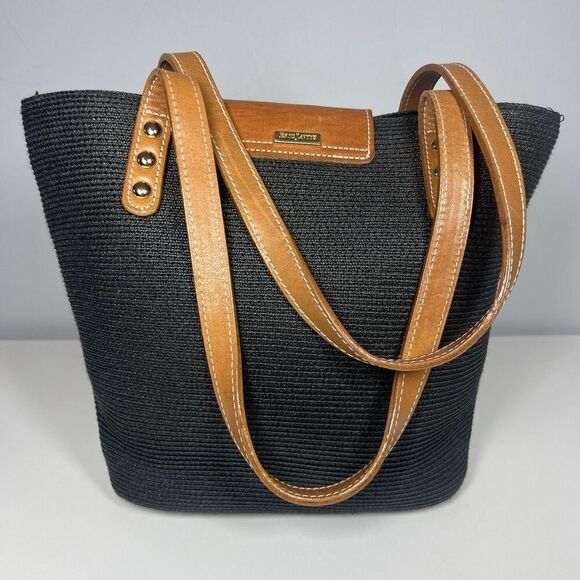 Eric Javits New York Small Navy Squishee Straw Handbag w/tan Leather Trim EUC - Picture 2 of 8